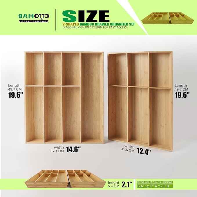 V-Shaped Extra Large Bamboo Drawer Organizer Set of 2, Kitchen Cutlery Tray Utensil Plate, Flatware&Silverware Storage Box, Wood Organizer for Bedroom, Living Room (19.6