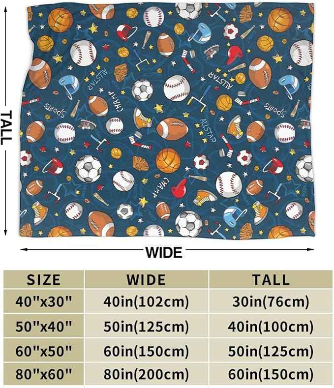 Baseball Football Basketball Sport Theme Throw Blanket 60x50 Inch Soft Fleece Blanket Men Women Gift for Kids Boys Girls for Party Couch Sofa Bed Deco Blankets