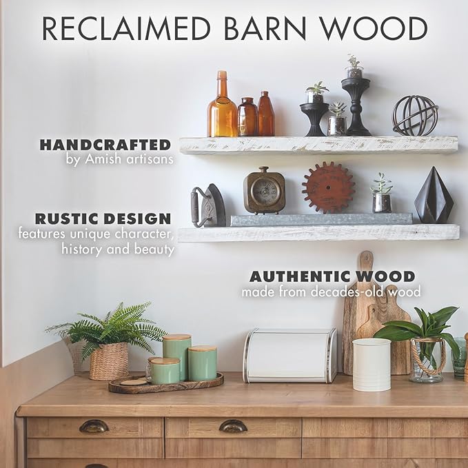 Urban Legacy Reclaimed Barnwood Planks | Floating Shelves for Wall w/Flush Mount Shelf Bracket Set Included | Set of 2 (White Wash, 18