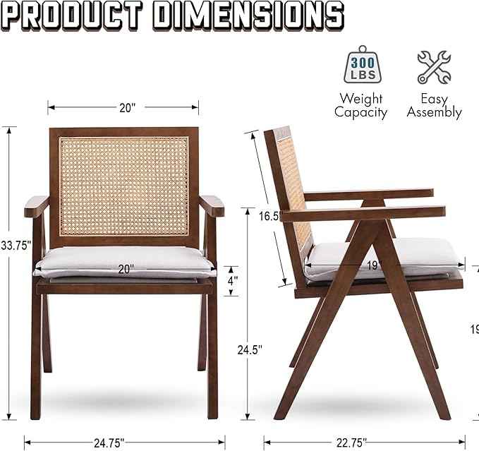 Rattan Dining Chairs Set of 4, Farmhouse Wicker Dining Chairs with Removable Linen Cushion Accent Cane Armchair for Dining Room Kitchen Restaurant, Walnut