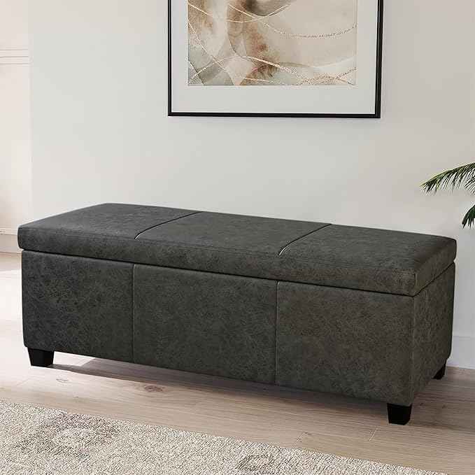 BELLEZE Storage Faux Leather Ottoman, 47 Inch Bench Bedroom Bench with Safety Close Hinge, Extra Long Ottoman with Storage for Living Room, Entryway, Hallway, Foot Rest, Support 300lbs - Rustic Gray