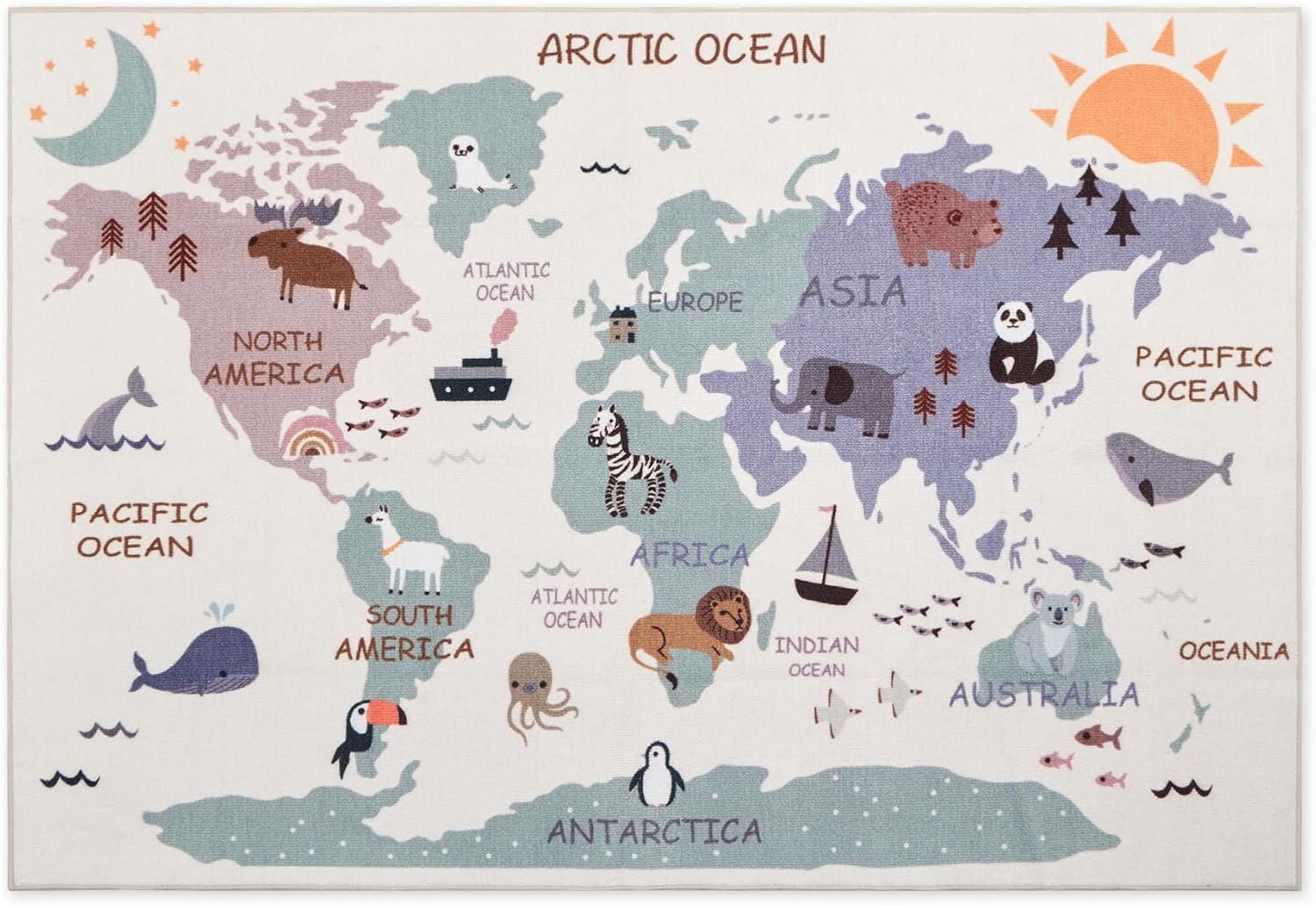 Kids Rugs for Playroom, Non Slip Area Rugs for Bedroom - Animal Map