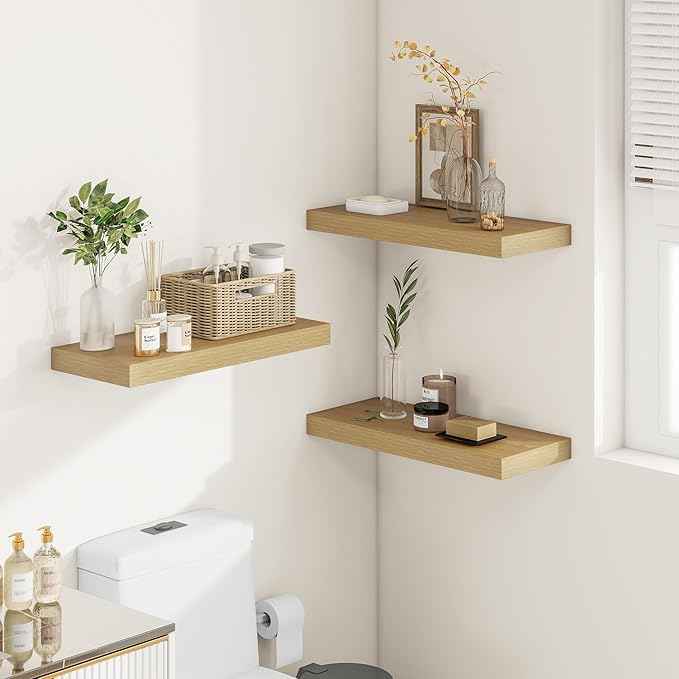 12 Inch Deep Floating Shelves 24 inch Long, 24 x 12 Wide Wall Shelves with Invisible Brackets, Heavy Duty Shelf for Bedroom Bathroom Living Room Kitchen Office Home Decor, Modern Shelf Set of 2, Oak