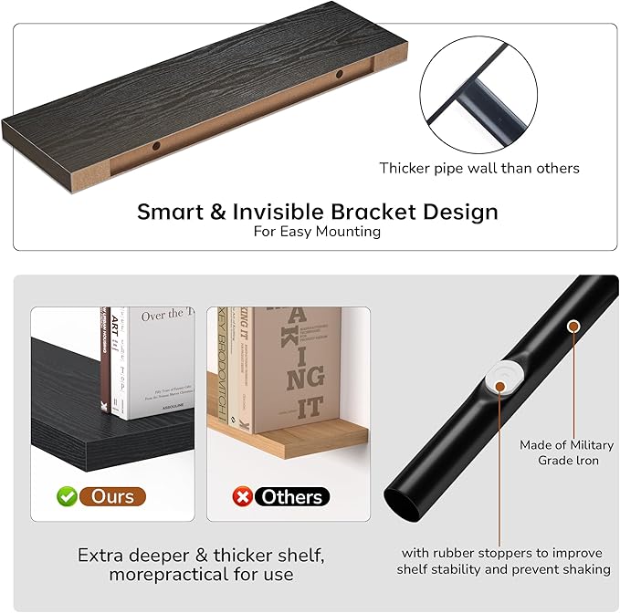 Floating Shelves - 10.3 Inch Deep Wall Shelf for Decor & Storage - Wall Mounted Display Shelving with Invisible Heavy-Duty Metal Bracket - 36