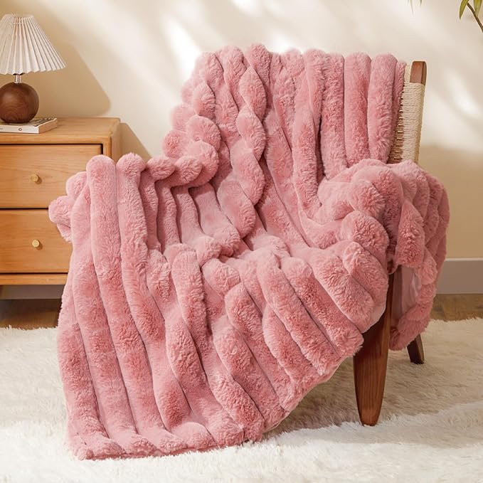 BEDELITE Faux Fur Throw Blanket for Couch, Soft and Cozy Luxurious 3D Striped Pink Fluffy Blanket, 770GSM Thick Warm Plush Fuzzy Faux Rabbit Fur Blanket for Women Gift, 50