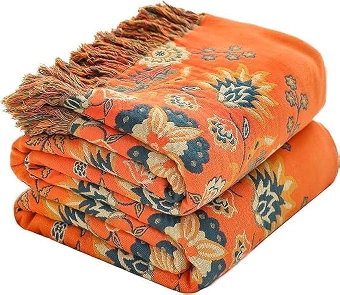 Fall Throw Blanket for Couch Bed Chair,100% Cotton Soft Lightweight Blanket Rustic Quilt -Orange Floral Printed Farmhouse Decor Bed All Season Blankets,60
