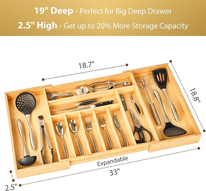 Umilife Extra Large Expandable Kitchen Siverware Utensils Drawer Organizer, 19