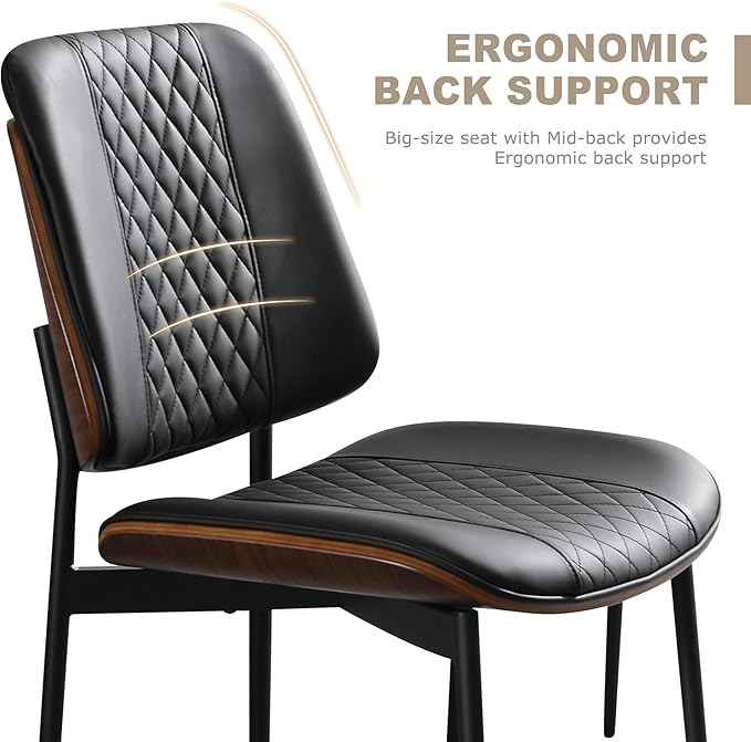 BV Dining Chairs Set of 2, PU Leather Armless Kitchen Chair in Modern Walnut Style, Mid Century Bentwood Side Chair with Metal Legs, Retro Accent Guest Chair for Kitchen Dining Room(Black)