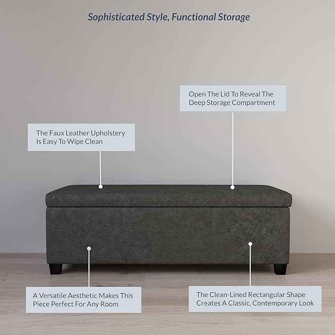 BELLEZE Storage Faux Leather Ottoman, 47 Inch Bench Bedroom Bench with Safety Close Hinge, Extra Long Ottoman with Storage for Living Room, Entryway, Hallway, Foot Rest, Support 300lbs - Rustic Gray