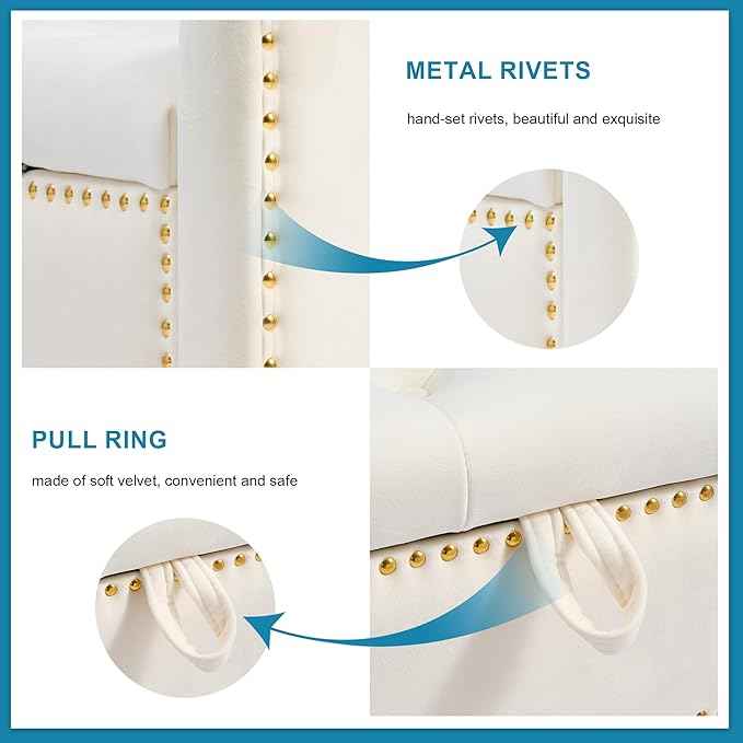 Storage Ottoman Bench, Velvet Upholstered Footstool for Bedroom and Living Room, Tufted Seat with Storage, Wooden Legs & Metal Rivets, Beige