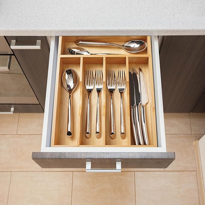 Umilife Bamboo Kitchen Drawer Organizer, 11 Inch Silverware Utensils Tray Holder with Grooved Dividers, 2.4