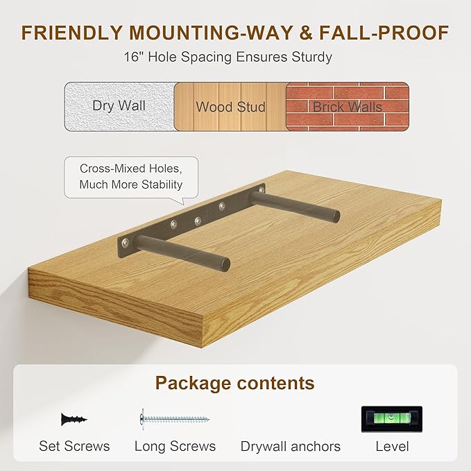 Fun Memories Floating Shelves for Wall, 8 Inch Deep Floating Wall Shelf, 16