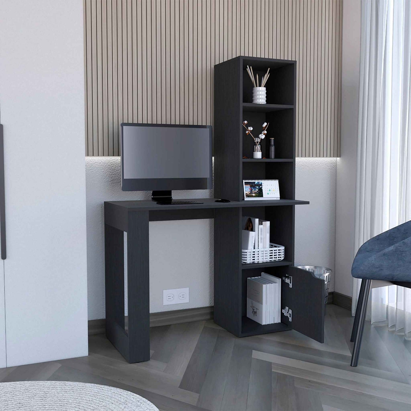 Writing Desk With Bookcase And Cabinet - Black