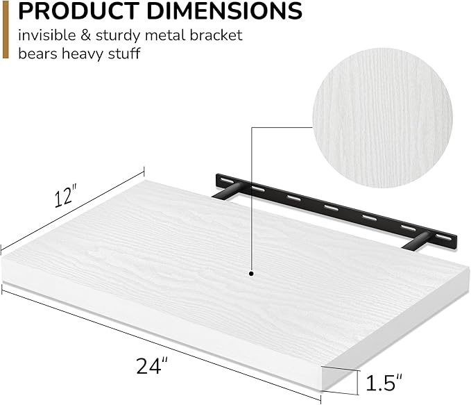 Fun Memories Floating Shelves - 2 Pack 12 Inch Deep Rustic Wooden Wall Shelves - Extra Deeper & Thicker Wall Mounted Storage Shelf for Living Room, Kitchen, Farmhouse - 24