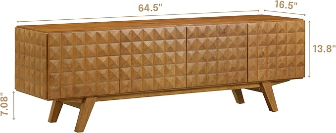 NTC Sapa Mid-Century Modern Solid Wood TV Stand 4-Door Media Console with Carved Geometric Fronts for TVs up to 75