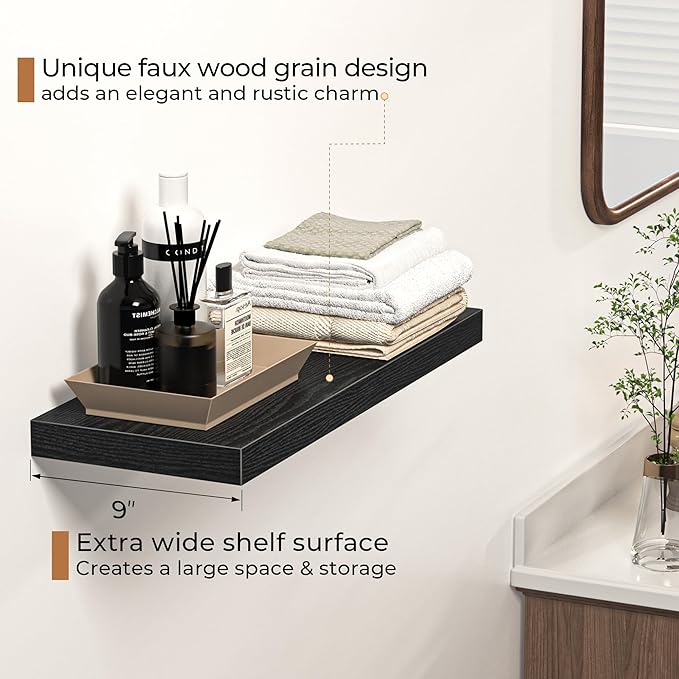 Floating Shelves - 2 Pack 9 Inch Rustic Wooden Wall Shelves - Extra Deeper & Thicker Wall Mounted Storage Shelf for Living Room, Kitchen, Farmhouse - 24