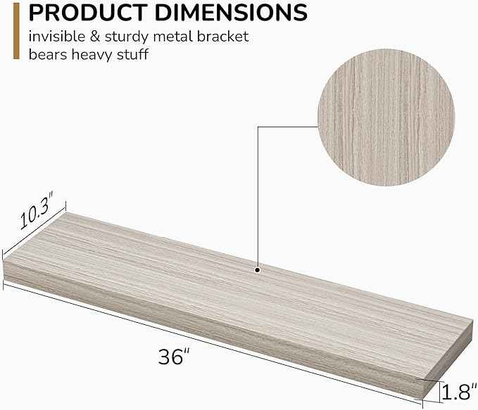 Floating Shelves - 10.3 Inch Deep Wall Shelf for Decor & Storage - Wall Mounted Display Shelving with Invisible Heavy-Duty Metal Bracket - 36" W x 10.3" D x 1.8" H - Set of 1 - Rustic Grey