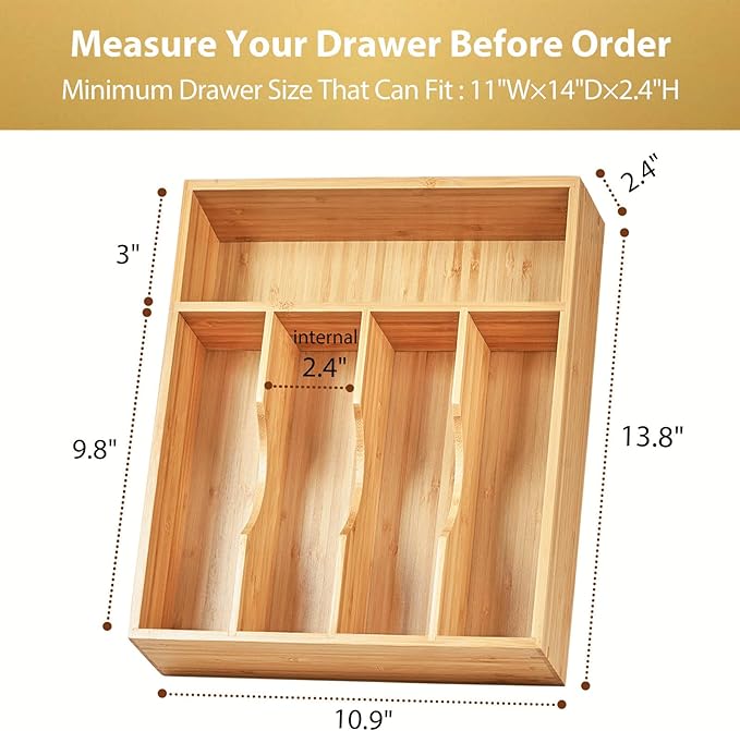 Umilife Bamboo Kitchen Drawer Organizer, 11 Inch Silverware Utensils Tray Holder with Grooved Dividers, 2.4