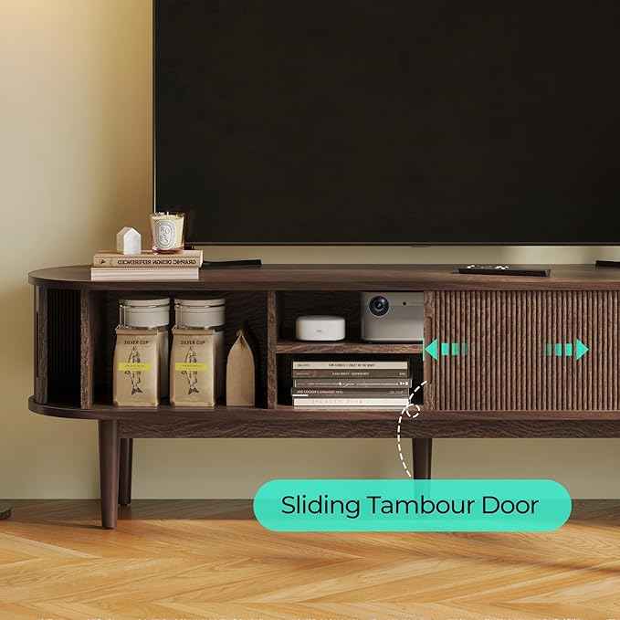 LINSY HOME TV Stand for 65" TV, Mid-Century Modern 58" Entertainment Center with Sliding Tambour Door and Storage Cabinet, Cruved TV Media Console Table for Living Room, Bedroom, Walnut