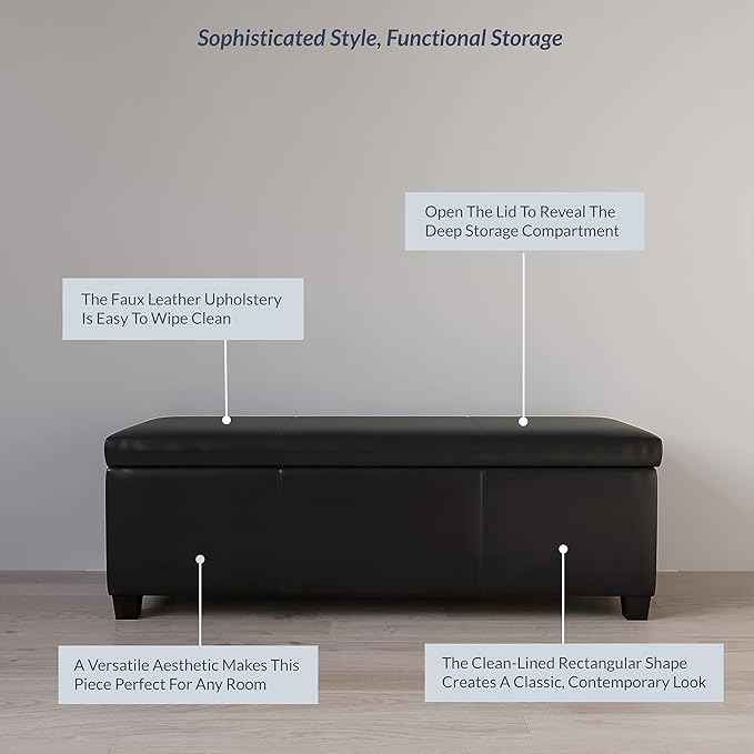 BELLEZE 47 Inch Storage Ottoman, Faux Leather Storage Bench Bedroom Bench with Safety Close Hinge, Ottoman with Storage for Living Room, Entryway, Hallway, Foot Rest, Support 300lbs - Black