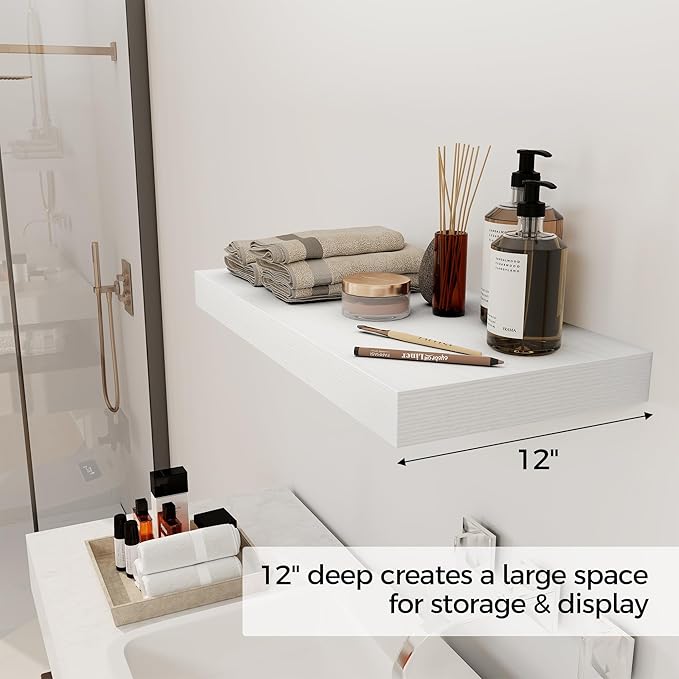 12 Inch Deep White Floating Shelves, 24 x 12 Floating Shelf for Books, Rustic Wood Deep Wall Shelves for Home Storage & Display, 2