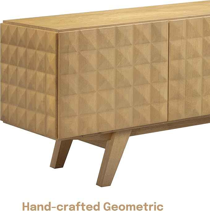 NTC Sapa Mid-Century Modern Solid Wood TV Stand 4-Door Media Console with Carved Geometric Fronts for TVs up to 75", Effortless Assembly, Sand