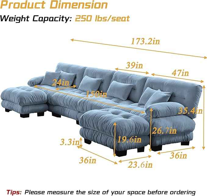 Modular Sectional Sofa, Comfy Cloud Couch 4 Seater Couch with Ottoman, Sectional Couches for Living Room, Modern Chenille U Shaped Couches, Sleeper Deep Seat Sofa with Throw Pillows, Blue