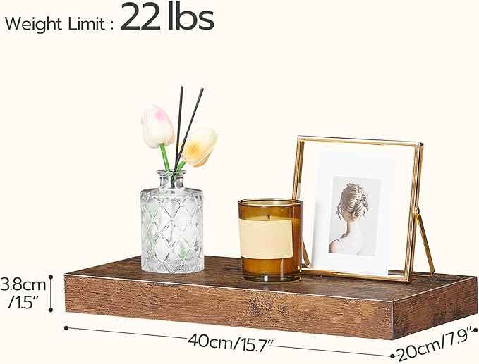 HOOBRO Floating Shelves for Wall, Wall Mounted Shelf Set of 2, 15.7" Hanging Shelf with Invisible Brackets, for Wall in Bathroom, Bedroom, Toilet, Kitchen, Living Room, Office, Rustic Brown BF40BJ01