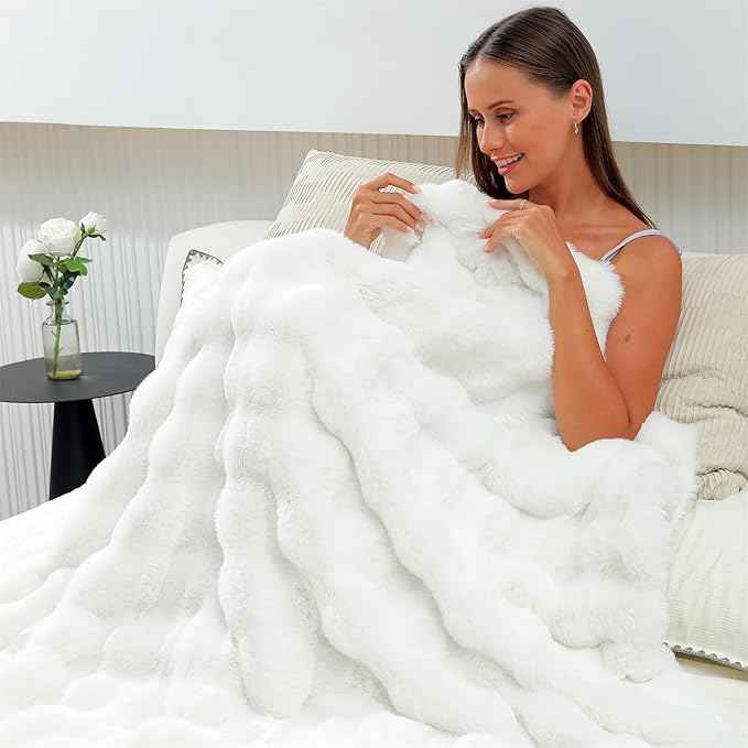 RYNGHIPY Faux Fur Throw Blanket Double Sided Thick and Warm Plush Fluffy Faux Rabbit Fur Decoration for Couch Sofa Chair and Bed Cream Winter Blanket (Ivory, 51''x63'')