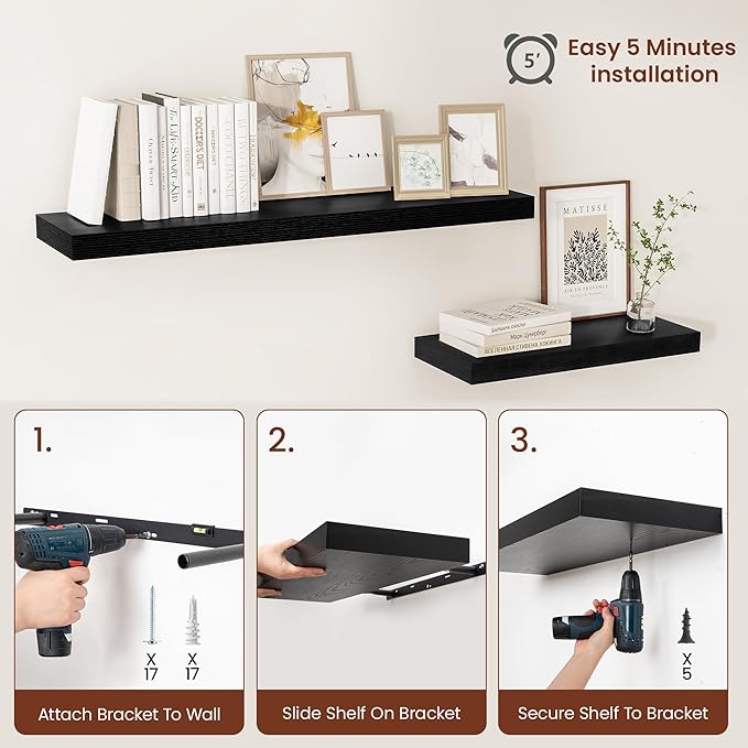 Black Floating Shelves for Wall 36 Inches Long, 12