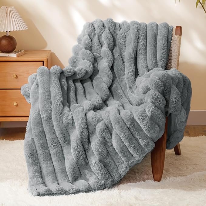 BEDELITE Faux Fur Throw Blanket for Couch, Soft and Cozy Luxurious 3D Striped Fluffy Blanket, 770GSM Thick Warm Plush Fuzzy Faux Rabbit Fur Blanket for Women Gift (Crey, 60