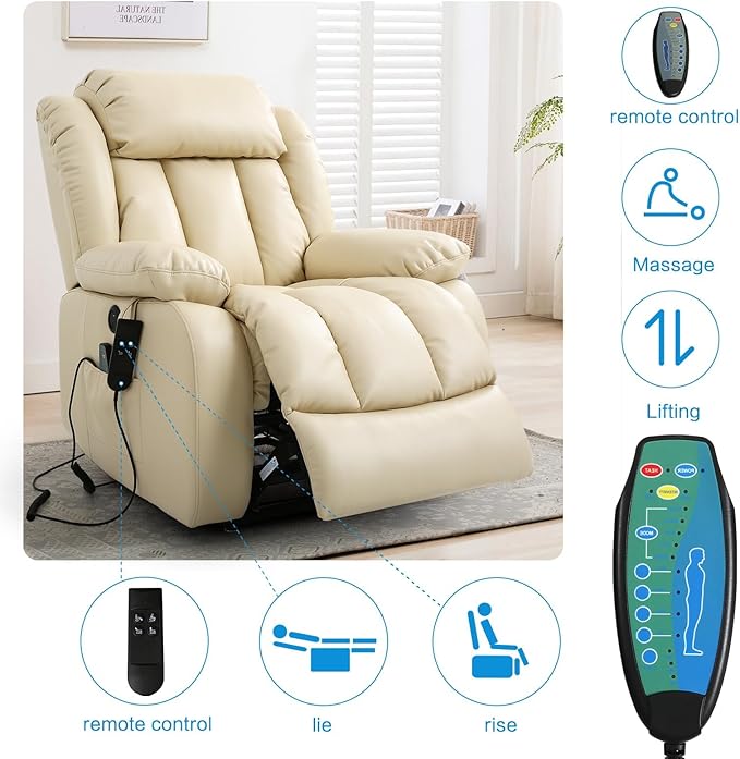 MAEVIS Power Recliner Chair, Lay Flat Sleeping Lift Chairs Recliner for Elderly with Heat and Massage,Comfy Real Breathable Leather Recliners with Dual OKIN Motor for Living Room (Beige)