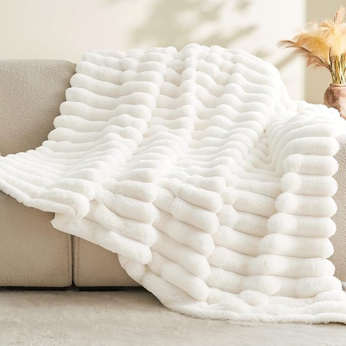 BEDELITE Faux Fur Throw Blanket for Couch, Soft and Cozy Luxurious 3D Striped Fluffy Blanket, 770GSM Thick Warm Plush Fuzzy Faux Rabbit Fur Blanket for Women Gift (Cream, 60