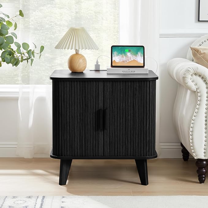 Farmhouse Square End Table with Charging Station, 24" Large Fluted Sofa Side Table with Sliding Tambour Door and Storage, Rustic Curved Wood Nightstand for Living Room, Bedroom, Black