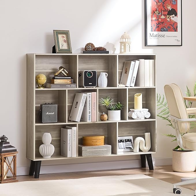 LEYAOYAO 10 Cube Bookshelf,3 Tier Modern Wide Bookcase with Legs,Mid-Century Wood Bookshelves Storage，Retro Grey Large Book Case,Freestanding Organizer Display Shelf for Bedroom,Living Room,Office