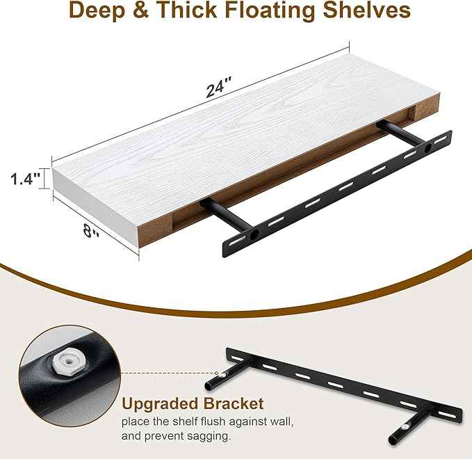 Fun Memories White Floating Shelves, 8 Inch Deep Wall Shelves Set of 2, Rustic Deep Shelves for Wall Storage, 24 x 8 Floating Shelves, 8" Deep White Shelves for Bedroom, Living Room, Kitchen