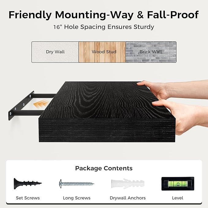 Black Floating Shelves 36 Inch Long, 12 Inch Deep Floating Shelves for Wall, 36 x 12 Shelves for Wall Storage & Display, 2