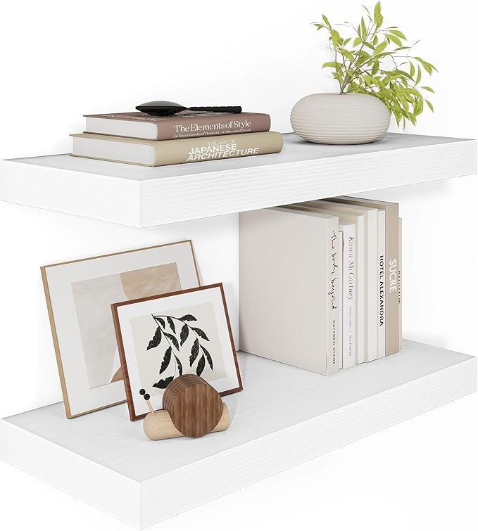White Floating Shelves for Wall, 24 Inch X 12 Deep Shelves for Room Wall Mounted，2