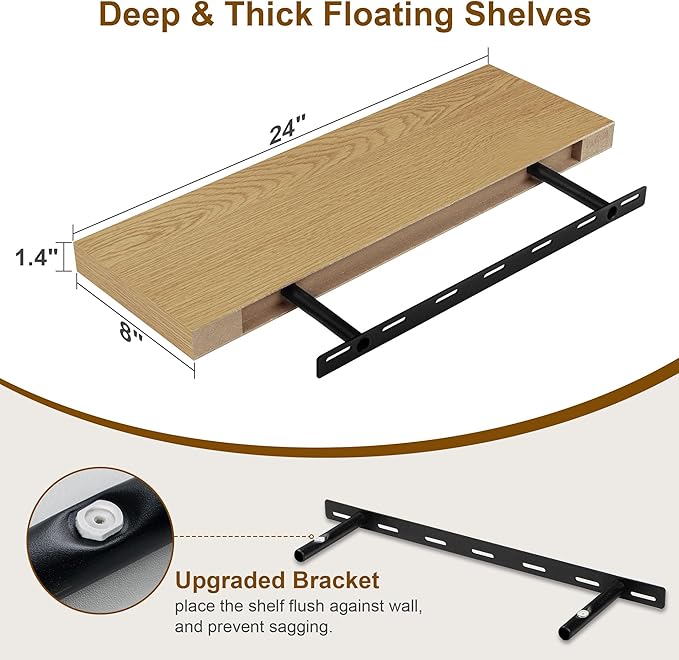 Floating Shelves for Wall, 8 Inch Deep Floating Shelves, 24