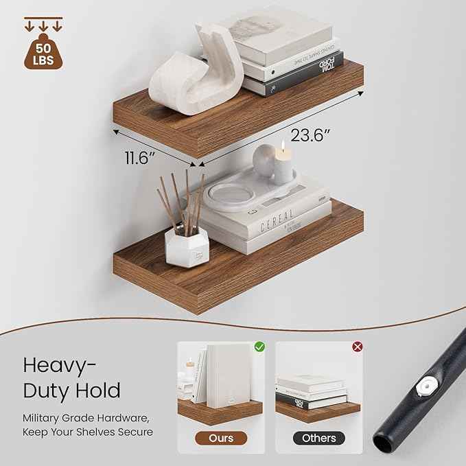 Heimlove 12" Deep Walnut Floating Shelves for Wall, 24 Inch Wall Shelf Bathroom Shelves Set of 2, Wall Mounted Shelves for Books Living Room Laundry Room Bedroom Kitchen Home Office