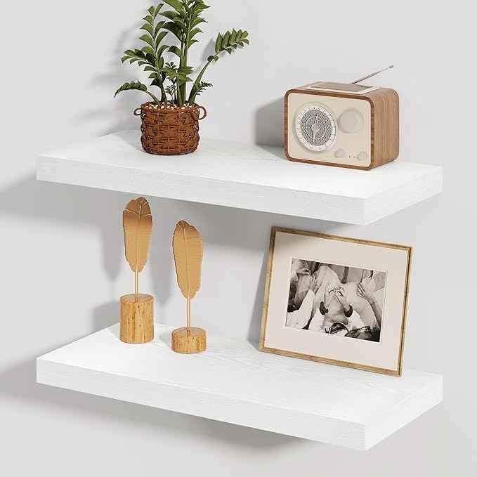 Fun Memories White Floating Shelves, 8 Inch Deep Wall Shelves Set of 2, Rustic Deep Shelves for Wall Storage, 24 x 8 Floating Shelves, 8" Deep White Shelves for Bedroom, Living Room, Kitchen