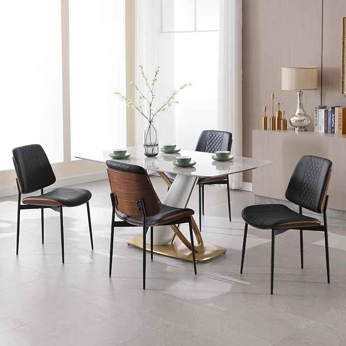 BV Dining Chairs Set of 4, PU Leather Armless Kitchen Chair in Modern Walnut Style, Mid Century Bentwood Side Chair with Metal Legs, Retro Accent Guest Chair for Kitchen Dining Room(Black)