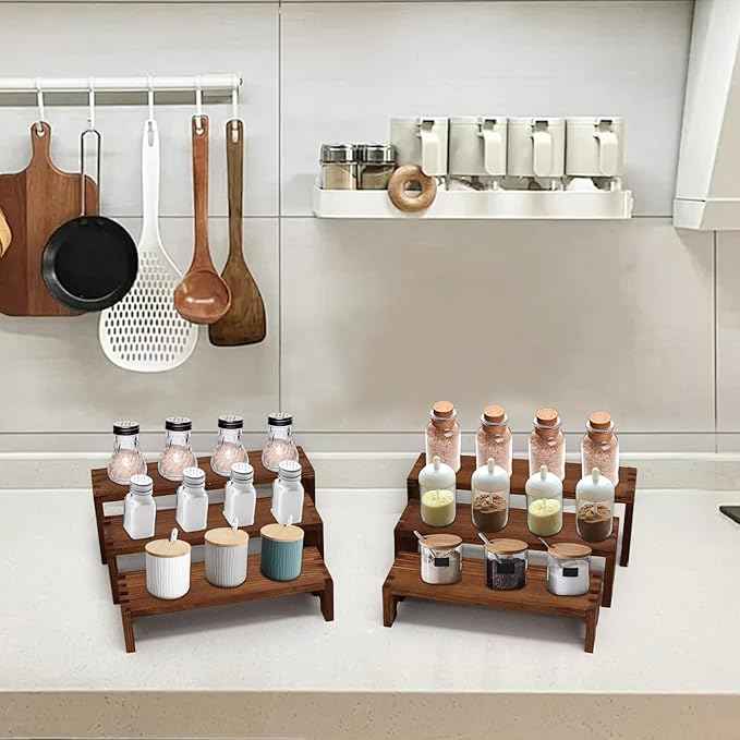 Display Wood Risers Wooden Stand 3 Tier Wood Racks Decorative Rectangular, 2 Set 6 Piece Cupcake Stands Cologne Perfume Organizer Dessert Showcase(Brown)