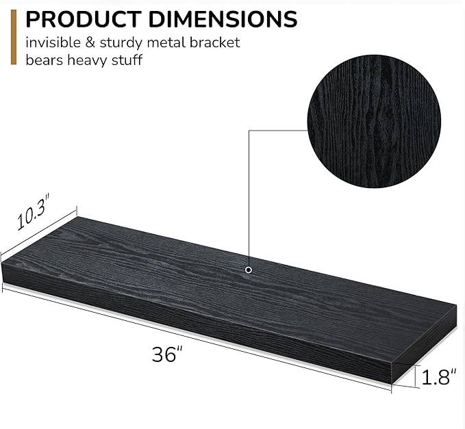 Floating Shelves - 10.3 Inch Deep Wall Shelf for Decor & Storage - Wall Mounted Display Shelving with Invisible Heavy-Duty Metal Bracket - 36