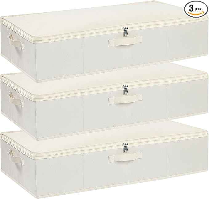 Under the Bed Storage Bins, Closet Organizers with Reinforced Handles for Blanket, Sheets, Pillows, Towels, Shoes, Beige, 3 Pack, 23.6 x 11.8 x 5.9 Inch