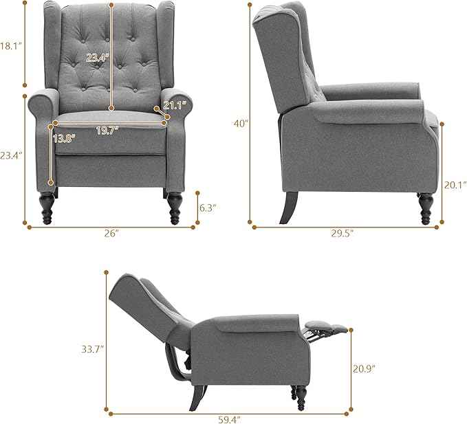 Mid Century Wingback Recliner Chair for Adults, Modern Linen Fabric Push Back Recliner Chairs with Button Tufted Upholstered Back & Footrest, Manual Recliner Chais for Living Room, Nursery, Gray