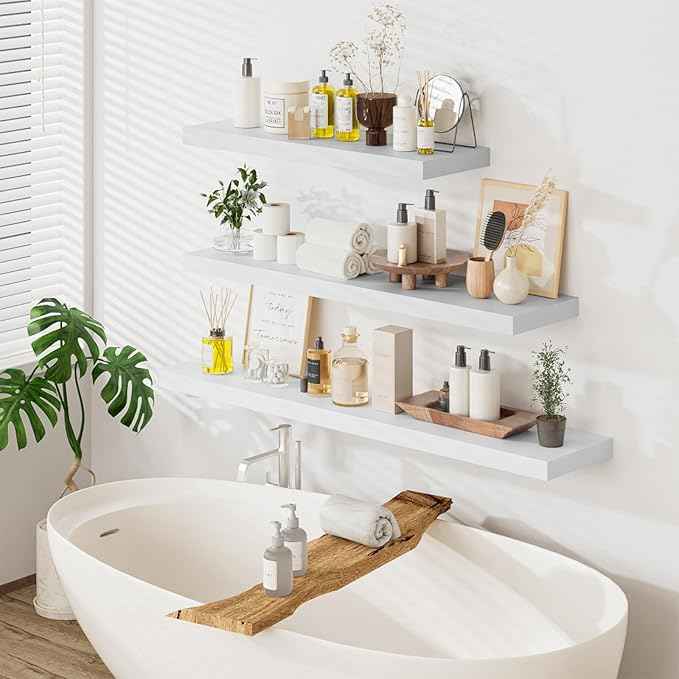 Heimlove 55 x 12 inch Extra Long Floating Shelves for Wall, 12 Inch Deep Floating Shelves, Large Display Shelf & Storage Shelf for Living Room Bedroom Kitchen Home Office, Set of 2, White