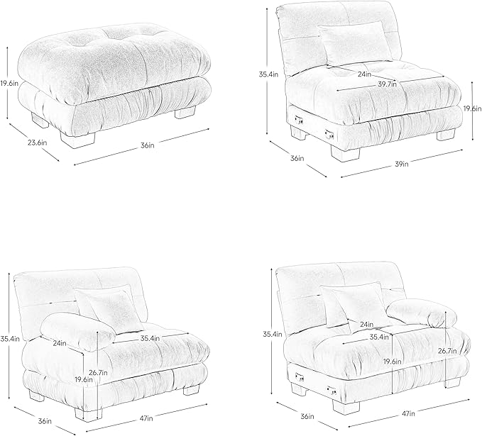 Modular Sectional Sofa Cloud Couch 4-Seater Deep Seat Sofa Couch, Oversized Couch Bed Sectional Couch with Round Bolster Armrests 6 Pillows, Modern Sofa Chair Comfy Couch(Gray)