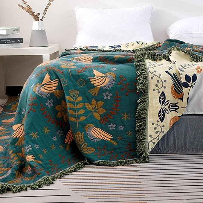 Boho Throw Blanket for Bed Couch 100% Cotton Woven Bed Throws for All Season Lightweight and Soft Cozy Farmhouse Reversible Muslin Decorative Blanket for Travel Picnic, Teal/Cream, 91''x98''