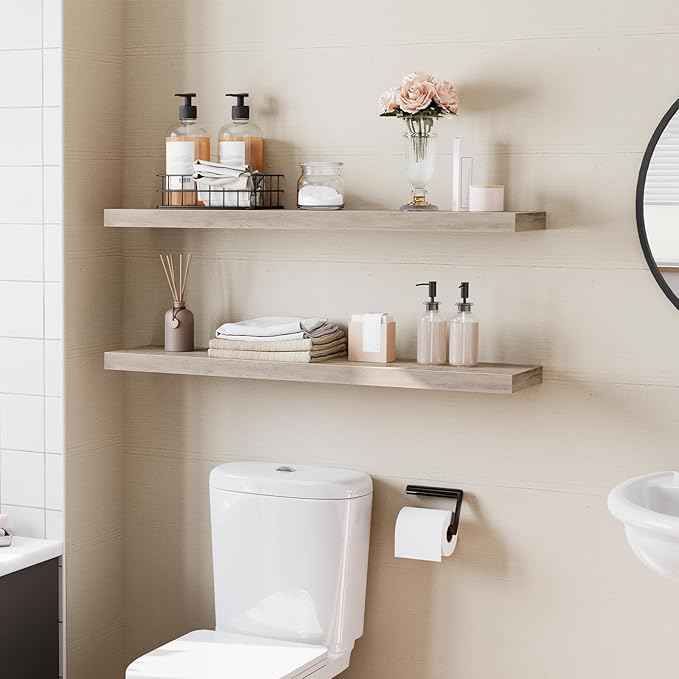 HOOBRO Floating Shelves for Wall, Wall Mounted Shelf Set of 2, 39.4" Hanging Shelf with Invisible Brackets, for Wall in Bathroom, Bedroom, Toilet, Kitchen, Livingroom, Office, Greige BG100BJP201